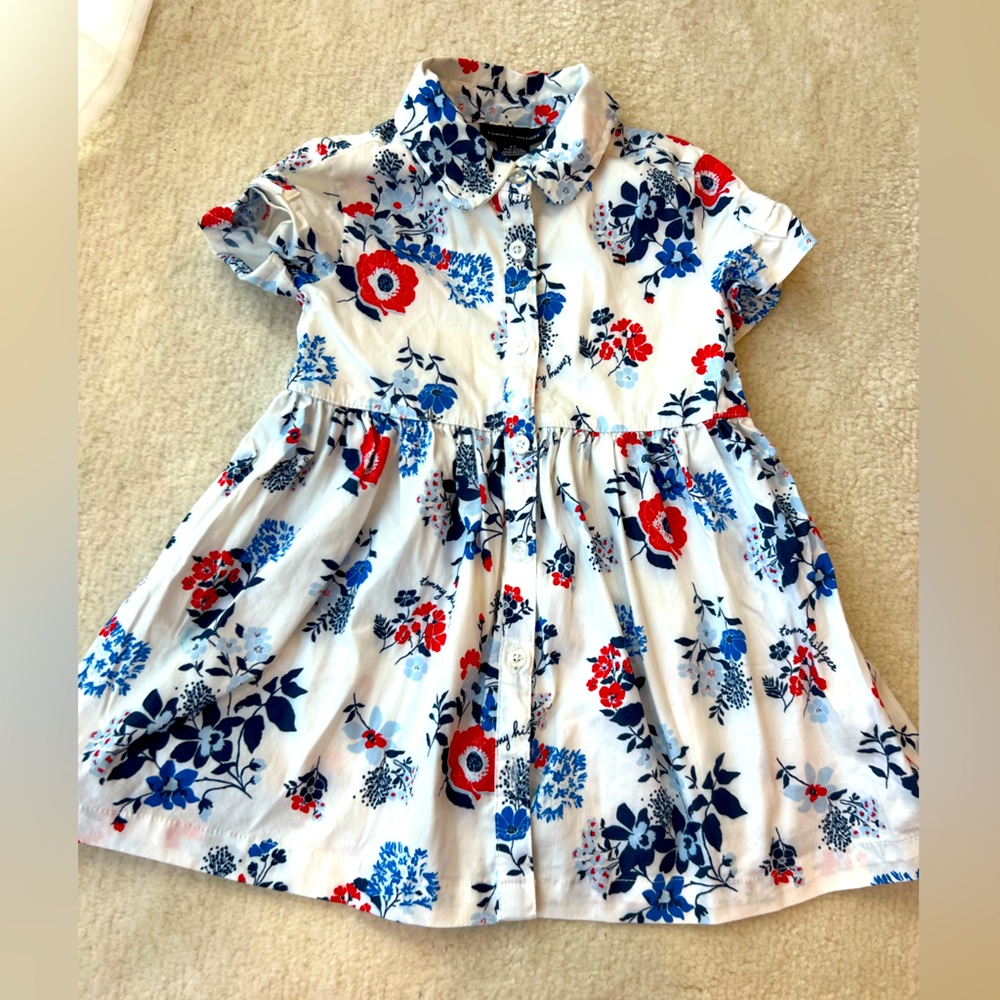 BNWOT Tommy Hilfiger Floral Kids Dress White Blue and Red with Sleeve Bows